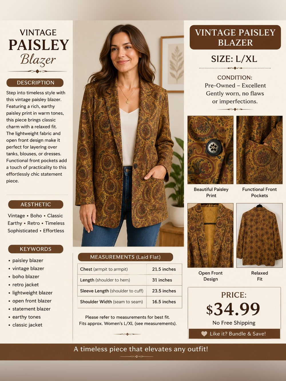 Women's Paisley Open-Front Blazer in Mustard